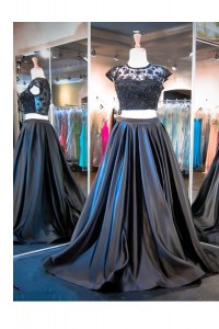 Spectacular Scoop With Train Clasp Handle Mother of the Bride Dress Black for Prom and Party with Lace and Ruching Brush Train