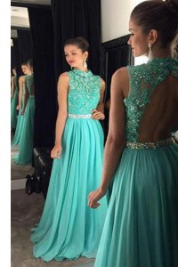Scoop Floor Length Turquoise Mother of Groom Dress Chiffon Sleeveless Beading and Lace