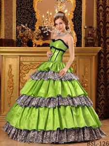 Spring Green Taffeta and Animal Print Sweet 16 Quinceanera Dress