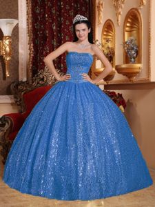 Beaded Strapless Blue Sweet Sixteen Dress with Sequins Over Skirt