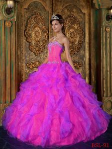 Appliqued Hot Pink Organza Sweetheart Ruffles Sweet 15 Dresses