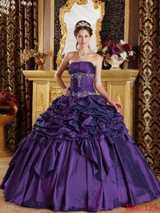 Ruched and Beaded Purple Quinceanera Gown Dresses with Pick ups