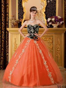 Appliqued Black and Orange Tulle Quinceanera Dress of Sweetheart