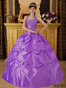 Purple Halter Quinceanera Gowns Dresses with Appliques Pick ups