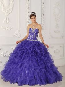 Purple Ball Gown Organza Appliques Ruffles Dress for Quinceanera