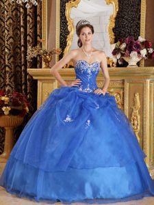 Blue Organza Dress for A Quince with Appliques and Pick ups 2013