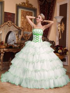 Appliqued White Dresses for A Quinceanera with Ruffles and Train