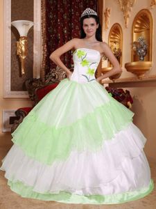 Embroidered Strapless Sweet 16 Dress in White and Bud Green 2013