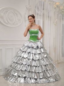 Ruffled Layers Accent Strapless Sweet 16 Dresses in Green and Silver