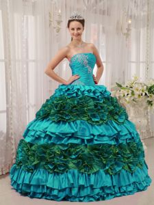 Laura Linney Teal and Green Ball Gown Sweet 15 Dresses with Ruffles Appliques