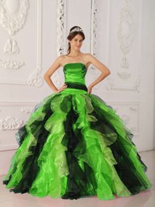 Spring Green and Black Quinceanera Gowns with Appliques Ruffles