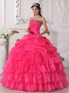 Hot Pink Organza Strapless Sweet 16 Dress with Beading and Ruffles
