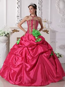 Taffeta Coral Red Sweet 15 Dress with Pick-ups and Hand Made Flowers