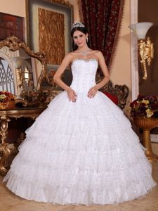 Strapless White Quinceanera Gown with Ruffles in Taffeta and Tulle