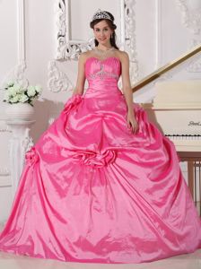 Hot Pink Taffeta Quinceanera Dress with Beading and Hand Made Flowers