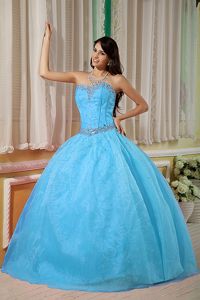 Chic Light Blue Beading Decorate Waist Quinceanera Gowns