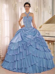 Halter Top Pleated Aqua Blue Quinceanera Party Dress with Pleats