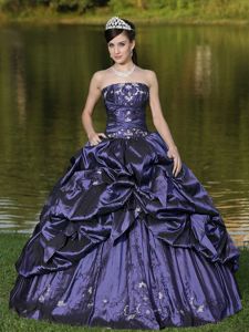 Appliqued Dark Purple Pleated Quinceanera Gowns with Pick-ups