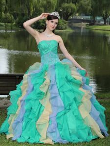 Colorful Ruched Quinceanera Dresses with Ruffles and Appliques