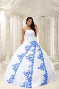 Simple White Strapless Quinceanera Dresses with Blue Appliques