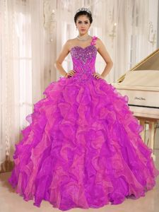 Beaded Bodice One Shoulder Ruffles Quinces Dresses in Hot Pink
