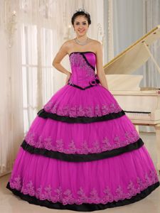 Custom Made Appliques Strapless Quinceanera Gown Dress in Tulle