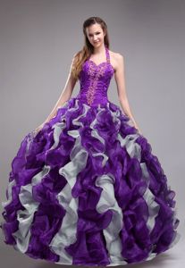 Purple Halter Top Appliques Quince Dresses with Ruffles on Discount