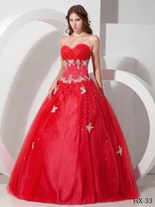 Red Ruched Sweetheart Sweet 16 Dress with Beads and Appliques
