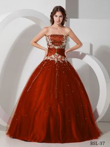 Rust Red Dropped Wasit Appliqued and Beaded Quinceanera Dress