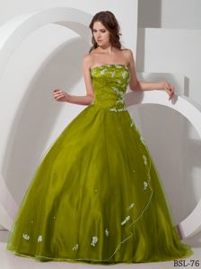 Olive Strapless Quinceanera Dress with Appliques and Beading