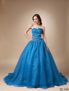 Exclusive Blue Organza Beaded Sweetheart Quinceanera Dress