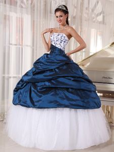 Embroidered White and Navy Blue Pick ups Quinceanera Dress Gown