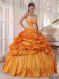 Orange Taffeta Sweetheart Dress for 15 with Appliques and Pick ups