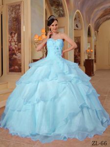 Beading and Ruffles Decorate Organza Dresses for 15 in Light Blue