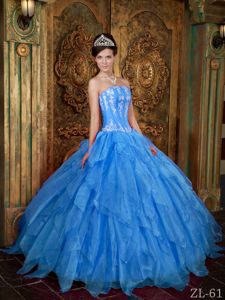 Blue Ball Gown Organza Dresses for 15 with Appliques and Ruffles