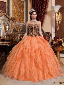 Embroidered Organza Dresses for A Quinceanera in Black and Orange