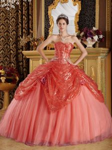 Best Rust Red Sequined and Tulle Handle Flowers Quinceanera Dress