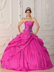 Hot Pink Ball Gown Strapless Quinceanera Dress with Appliques Pick-ups