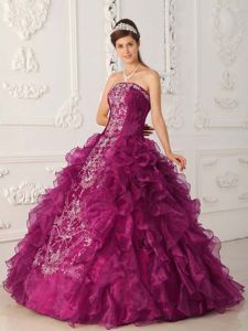 With Exquisite Embroidery Fuchsia Ruffled 2013 Quince Ball Gown