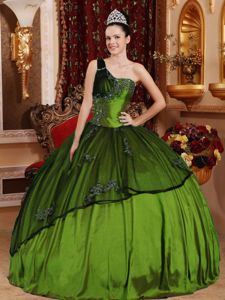 one Shoulder Appliqued Beaded Olive Green Quinceanera Gowns