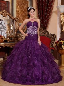 Dropped Waist Purple Ruffled Quinces Dresses with Beaded Bodice