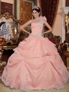 One Shoulder Baby Pink Quinceanera Dress with Organza Layers