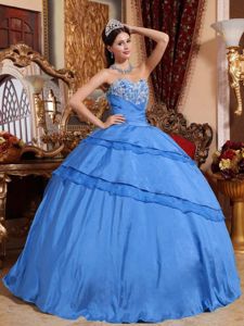 Blue Quinceanera Dress with Appliques and Beading in Taffeta