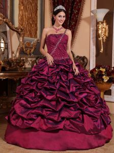 Burgundy one Shoulder Quinceanera Dress with Pick-ups and Beading