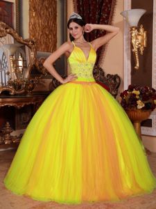 V-neck Yellow and Orange Beaded Quinceanera Dress in Taffeta and Tulle