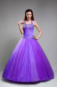 Halter Top Appliques Beading Purple Quinceanera Dress A-line