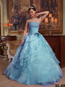Full Length Beading Strapless Aqua Blue Quinceanera Dress Cheap
