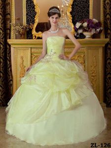 Strapless Light Yellow Appliques Ruches Quinceanera Dress 2014