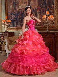 Hot Pink Satin and Organza Dresses for A Quinceanera with Ruffles
