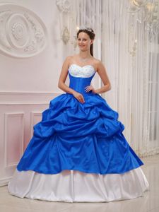 Beaded White and Blue Taffeta Sweet Sixteen Dresses with Pick ups